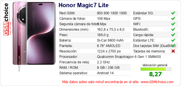 Honor Magic7 Lite Datos técnicos del móvil 