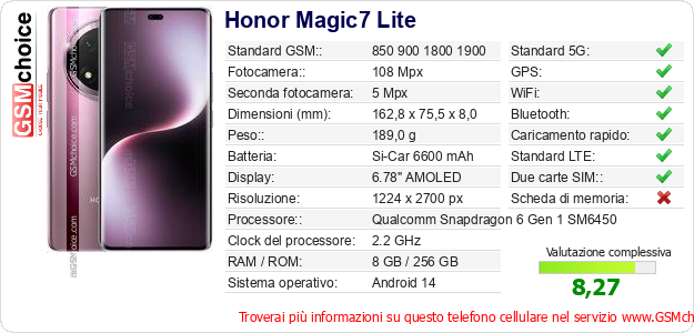 Honor Magic7 Lite Dati tecnici di telefono cellulare Honor Magic7 Lite Dati tecnici di telefono cellulare