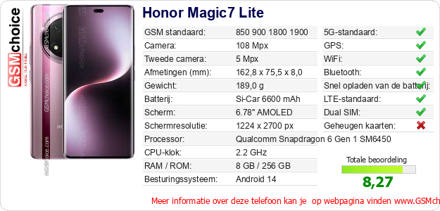 Honor Magic7 Lite Technische gegevens Honor Magic7 Lite Technische gegevens