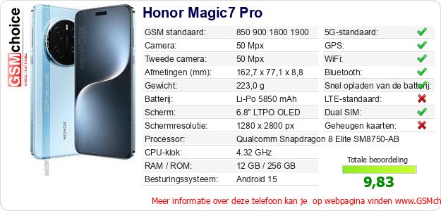 Honor Magic7 Pro Technische gegevens Honor Magic7 Pro Technische gegevens
