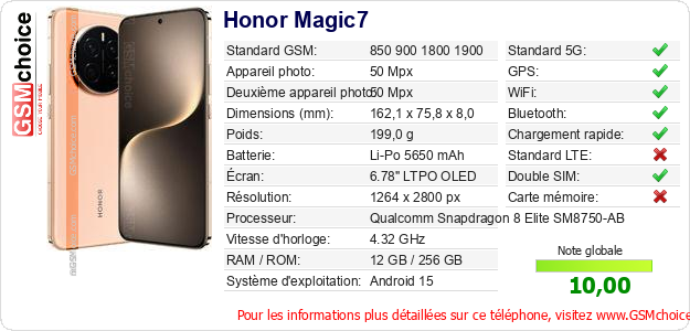 Honor Magic7 Fiche technique Honor Magic7 Fiche technique