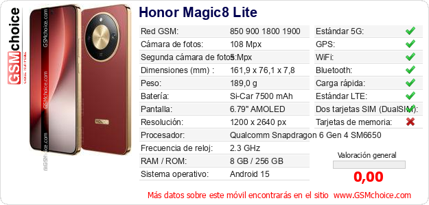 Honor Magic8 Lite Datos técnicos del móvil Honor Magic8 Lite Datos técnicos del móvil