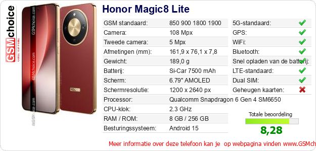 Honor Magic8 Lite Technische gegevens Honor Magic8 Lite Technische gegevens