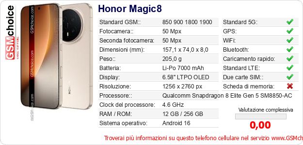 Honor Magic8 Dati tecnici di telefono cellulare 