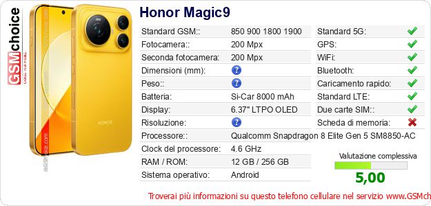 Honor Magic9 Dati tecnici di telefono cellulare Honor Magic9 Dati tecnici di telefono cellulare