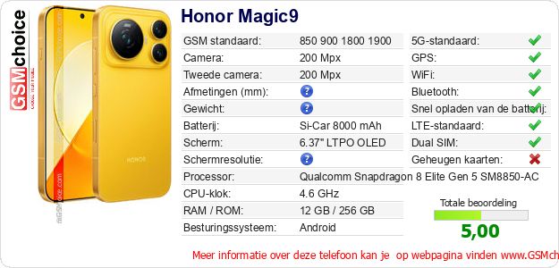 Honor Magic9 Technische gegevens Honor Magic9 Technische gegevens