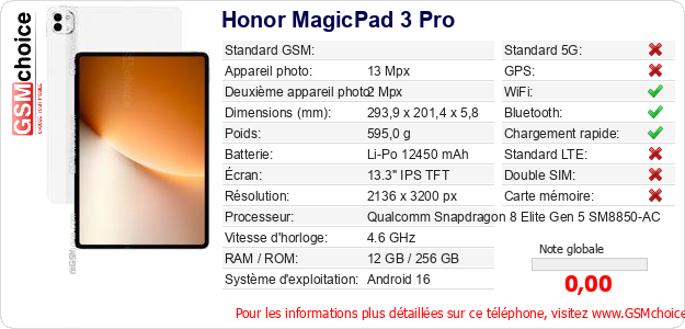 Honor MagicPad 3 Pro Fiche technique Honor MagicPad 3 Pro Fiche technique