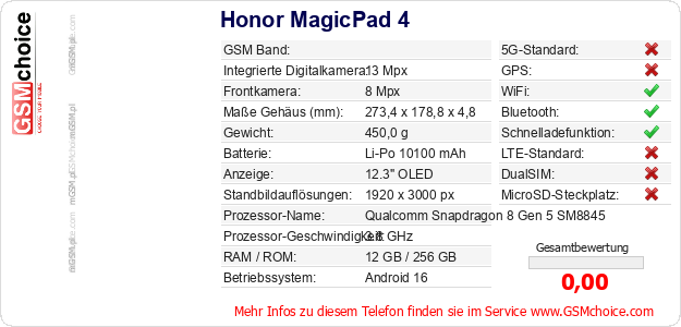 Honor MagicPad 4 technische Daten Honor MagicPad 4 technische Daten