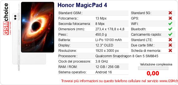 Honor MagicPad 4 Dati tecnici di telefono cellulare Honor MagicPad 4 Dati tecnici di telefono cellulare