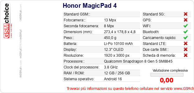 Honor MagicPad 4 Dati tecnici di telefono cellulare Honor MagicPad 4 Dati tecnici di telefono cellulare
