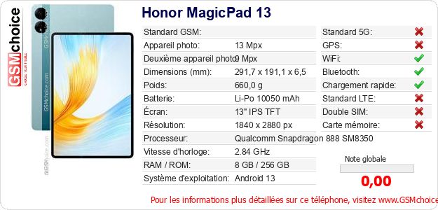 Honor MagicPad 13 Fiche technique