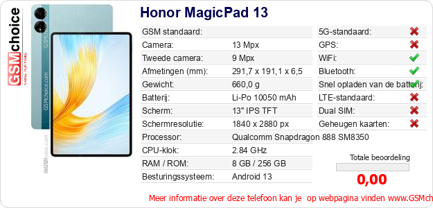 Honor MagicPad 13 Technische gegevens Honor MagicPad 13 Technische gegevens