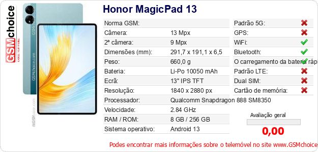Honor MagicPad 13 Especificações técnicas do telemóvel Honor MagicPad 13 Especificações técnicas do telemóvel