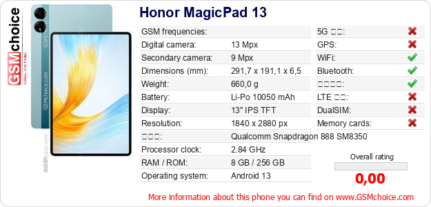Honor MagicPad 13 手機技術數據