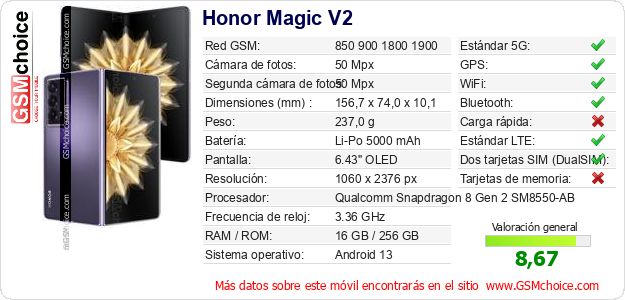 Honor Magic V2 Datos técnicos del móvil Honor Magic V2 Datos técnicos del móvil