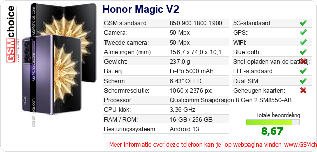 Honor Magic V2 Technische gegevens 
