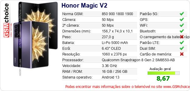 Honor Magic V2 Especificações técnicas do telemóvel 