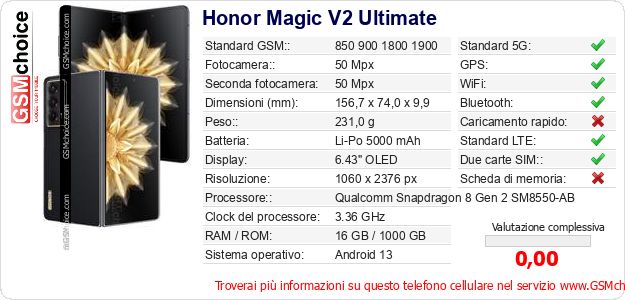 Honor Magic V2 Ultimate Dati tecnici di telefono cellulare Honor Magic V2 Ultimate Dati tecnici di telefono cellulare