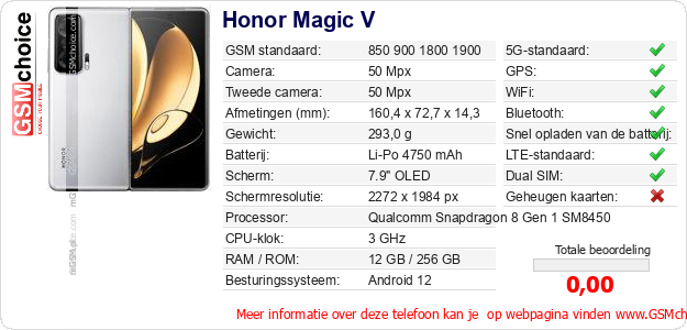 Honor Magic V Technische gegevens Honor Magic V Technische gegevens