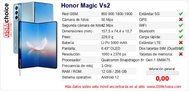 Honor Magic Vs2 Datos técnicos del móvil 