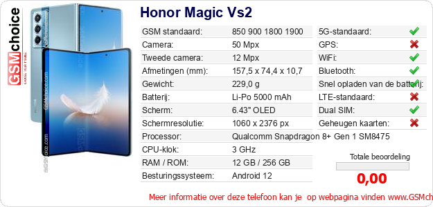 Honor Magic Vs2 Technische gegevens Honor Magic Vs2 Technische gegevens