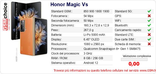 Honor Magic Vs Dati tecnici di telefono cellulare 