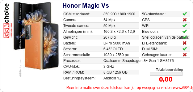 Honor Magic Vs Technische gegevens Honor Magic Vs Technische gegevens