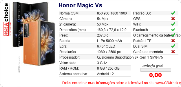 Honor Magic Vs Especificações técnicas do telemóvel Honor Magic Vs Especificações técnicas do telemóvel