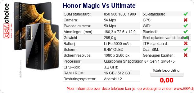 Honor Magic Vs Ultimate Technische gegevens Honor Magic Vs Ultimate Technische gegevens