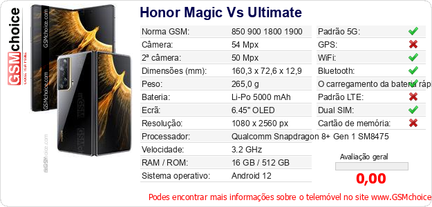 Honor Magic Vs Ultimate Especificações técnicas do telemóvel 