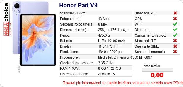 Honor Pad V9 Dati tecnici di telefono cellulare Honor Pad V9 Dati tecnici di telefono cellulare
