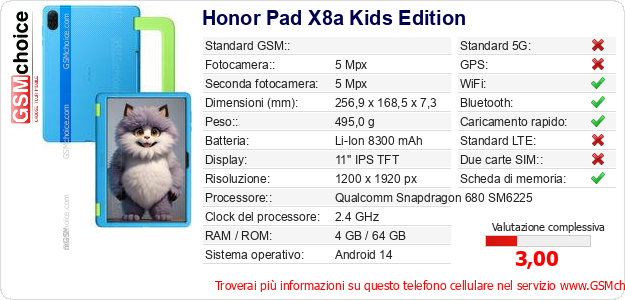 Honor Pad X8a Kids Edition Dati tecnici di telefono cellulare 