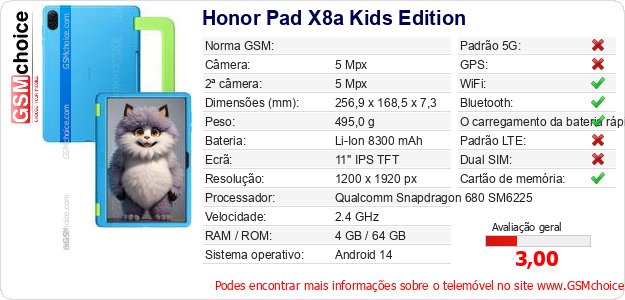 Honor Pad X8a Kids Edition Especificações técnicas do telemóvel 