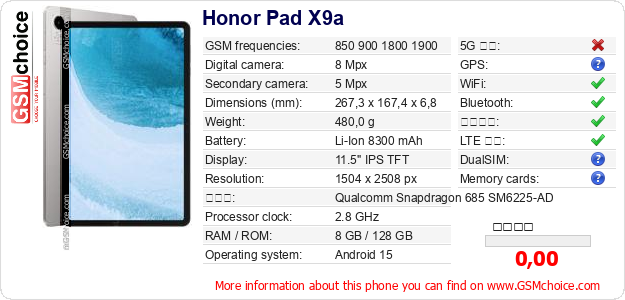 Honor Pad X9a 手機技術數據
