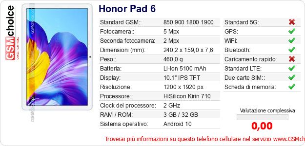 Honor Pad 6 Dati tecnici di telefono cellulare Honor Pad 6 Dati tecnici di telefono cellulare
