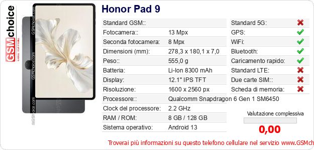 Honor Pad 9 Dati tecnici di telefono cellulare Honor Pad 9 Dati tecnici di telefono cellulare