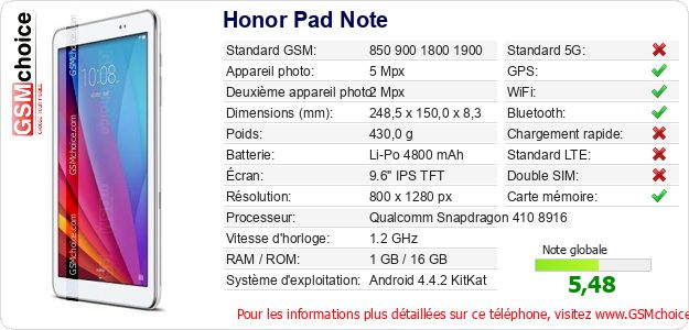 Honor Pad Note Fiche technique Honor Pad Note Fiche technique
