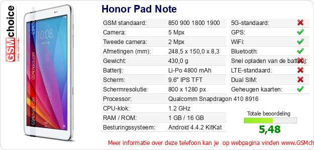 Honor Pad Note Technische gegevens 