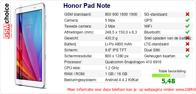 Honor Pad Note Technische gegevens 