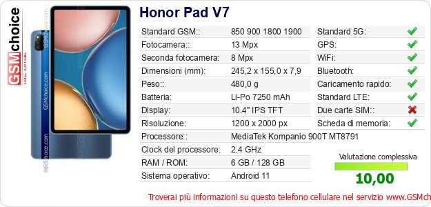 Honor Pad V7 Dati tecnici di telefono cellulare Honor Pad V7 Dati tecnici di telefono cellulare