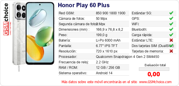 Honor Play 60 Plus Datos técnicos del móvil 