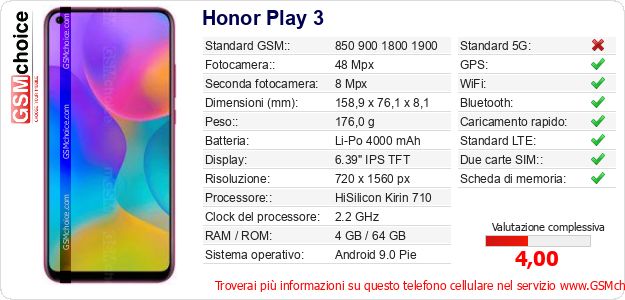 Honor Play 3 Dati tecnici di telefono cellulare Honor Play 3 Dati tecnici di telefono cellulare