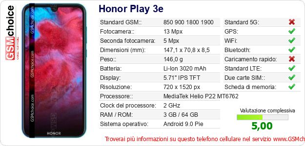 Honor Play 3e Dati tecnici di telefono cellulare 