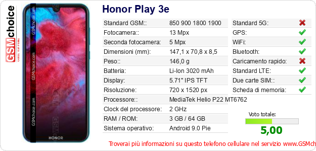 Honor Play 3e Dati tecnici di telefono cellulare 