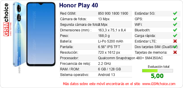 Honor Play 40 Datos técnicos del móvil Honor Play 40 Datos técnicos del móvil