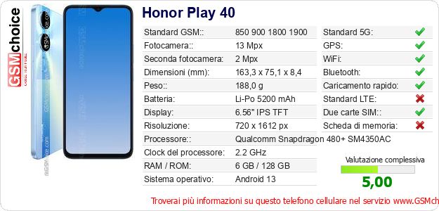 Honor Play 40 Dati tecnici di telefono cellulare Honor Play 40 Dati tecnici di telefono cellulare