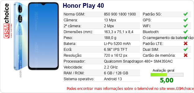 Honor Play 40 Especificações técnicas do telemóvel Honor Play 40 Especificações técnicas do telemóvel