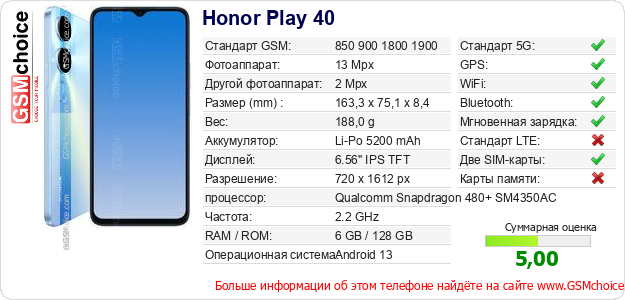 Honor Play 40 Технические данные телефона Honor Play 40 Технические данные телефона
