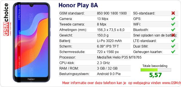 Honor Play 8A Technische gegevens Honor Play 8A Technische gegevens