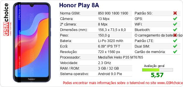 Honor Play 8A Especificações técnicas do telemóvel 
